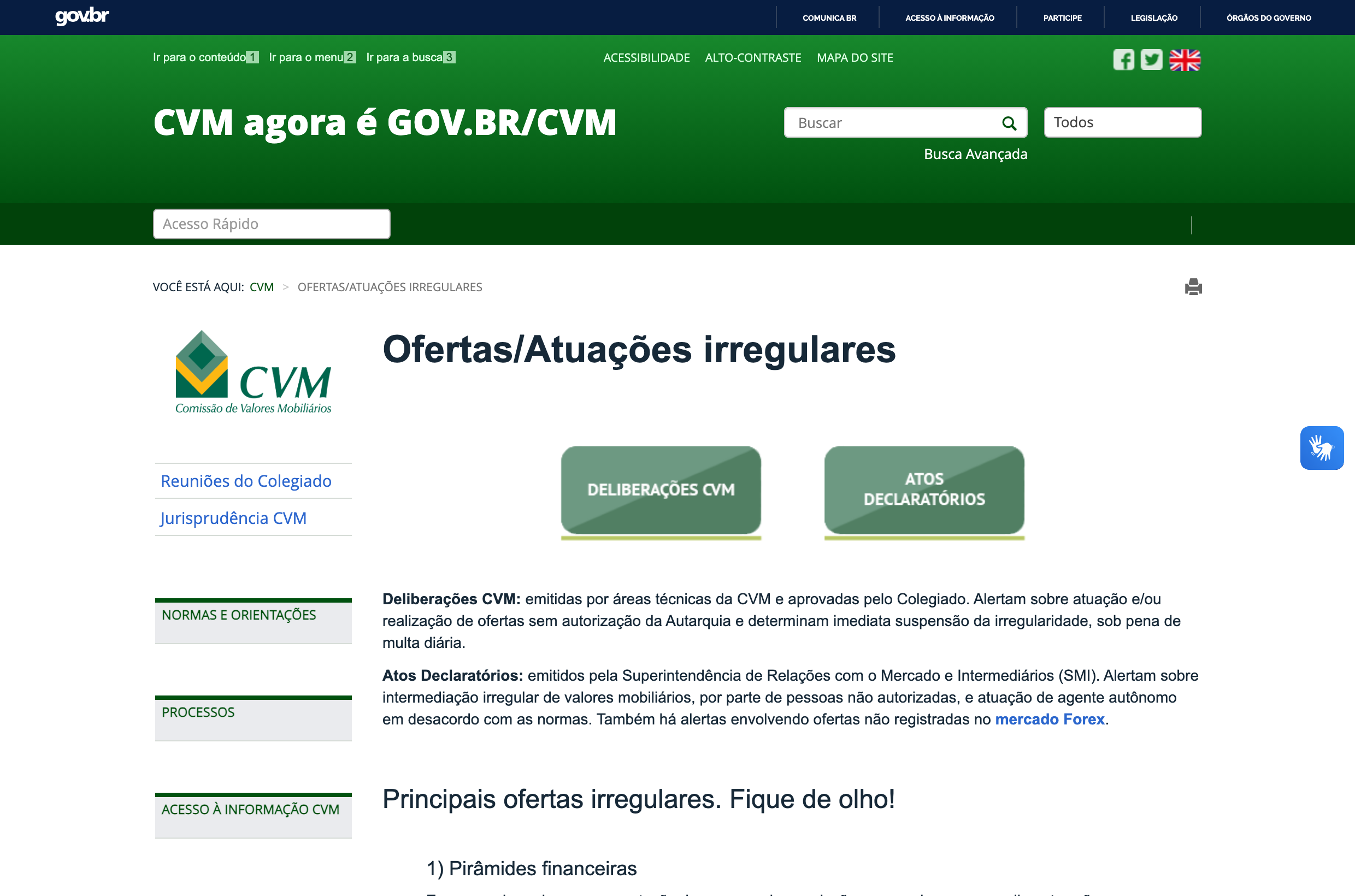 Página oficial da CVM 'Ofertas/Atuações irregulares' em gov.br/cvm, com os botões Deliberações CVM e Atos Declaratórios e a seção sobre o mercado Forex.