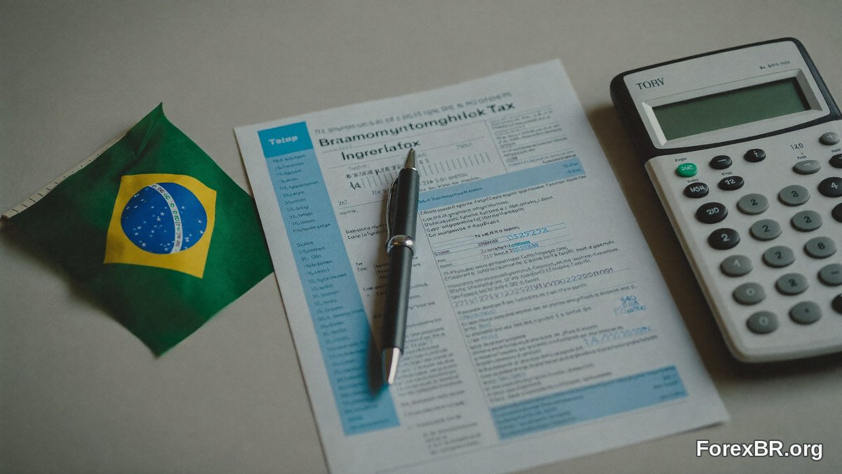 Formulário de imposto de renda, calculadora e bandeira do Brasil