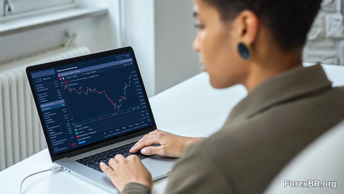 Pessoa praticando em conta demo de Forex no notebook