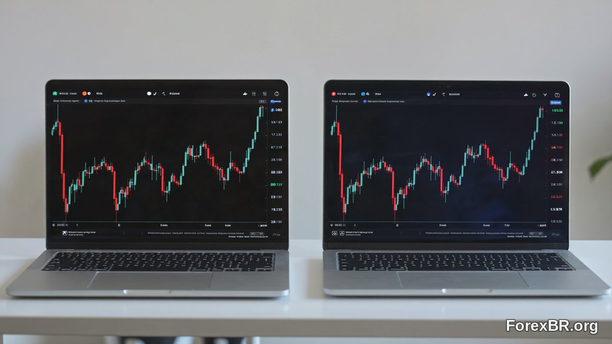 Dois notebooks com gráficos espelhados ilustrando copy trading