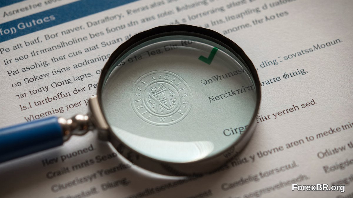 Lupa sobre documento com selo verificando se a corretora é confiável