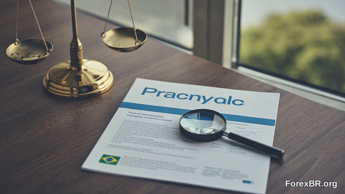 Documentos, balança e lupa representando a legalidade do Forex no Brasil
