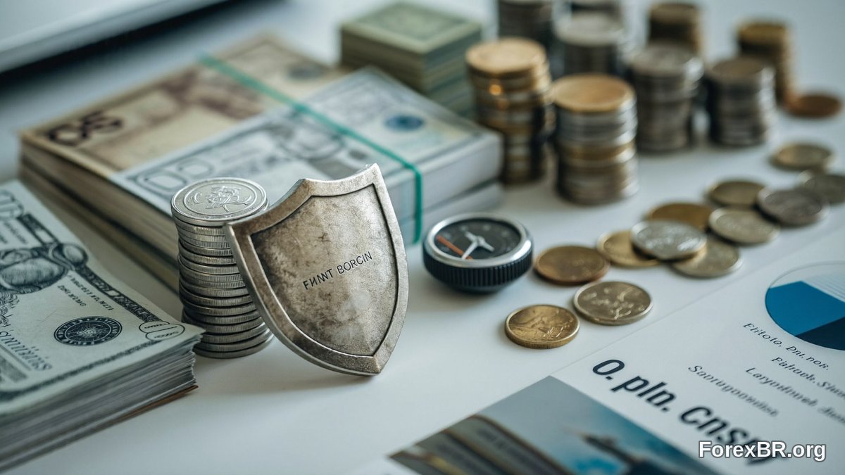 Escudo e moedas representando gestão de risco no Forex