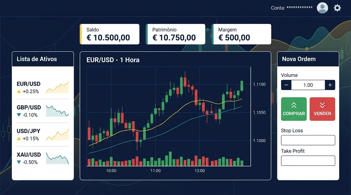 Ilustração de um painel de plataforma de trading no estilo MetaTrader, com widgets de saldo, patrimônio e margem (número da conta oculto), lista de ativos, gráfico de candles do EUR/USD e um painel de nova ordem com botões Comprar e Vender e campos de stop loss e take profit.