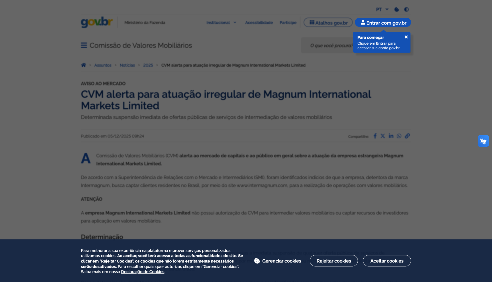 Captura da notícia oficial da CVM: alerta para atuação irregular de Magnum International Markets Limited (marca Intermagnum), publicada em 5 de dezembro de 2025, com aviso de que a empresa não possui autorização da CVM.