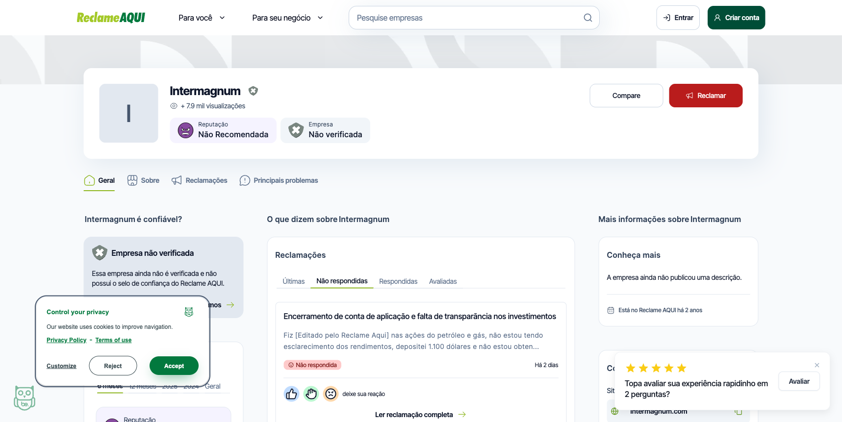 Captura da página da Intermagnum no Reclame Aqui mostrando reputação Não recomendada, empresa não verificada e reclamação recente não respondida sobre encerramento de conta e falta de transparência.