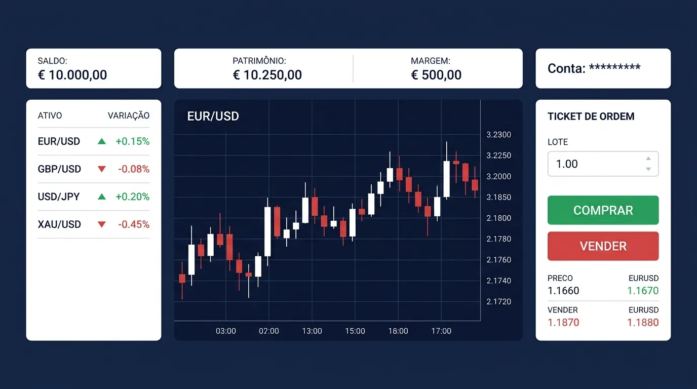 Ilustração de um painel de plataforma de trading no estilo MetaTrader, com widgets de saldo, patrimônio e margem (número da conta oculto), gráfico de candles do EUR/USD, lista de pares e um ticket de ordem com botões Comprar e Vender.